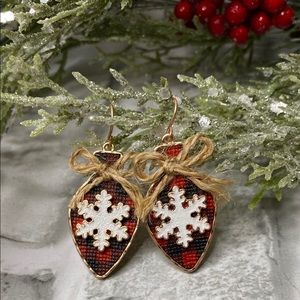 Red Plaid Christmas Bulb Snowflake Earrings
